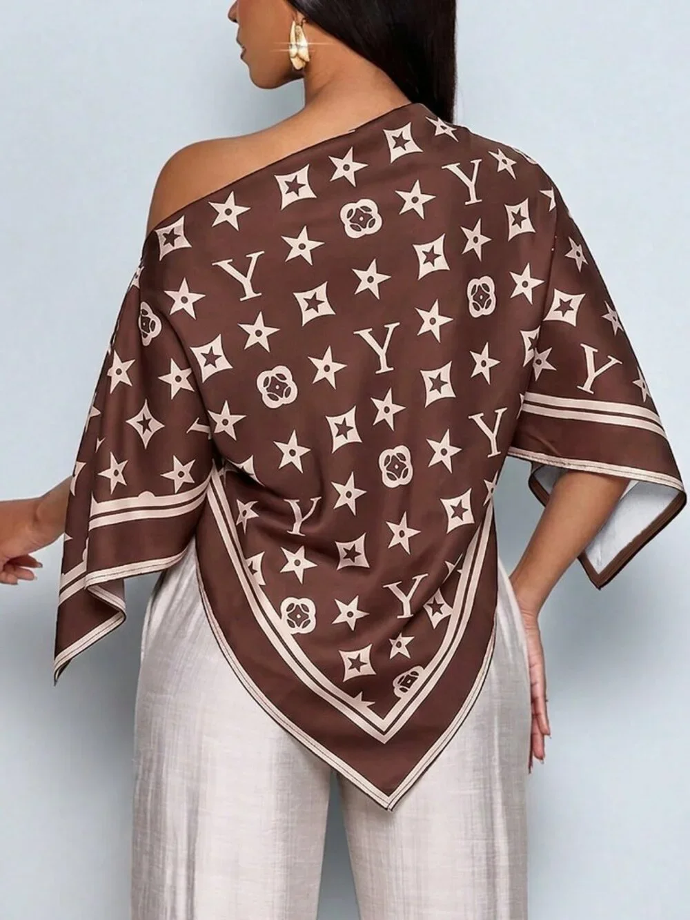 Brown Boho Women's Elegant Off-Shoulder Shirt Artistic Pattern Party Top - Picture 2 of 10